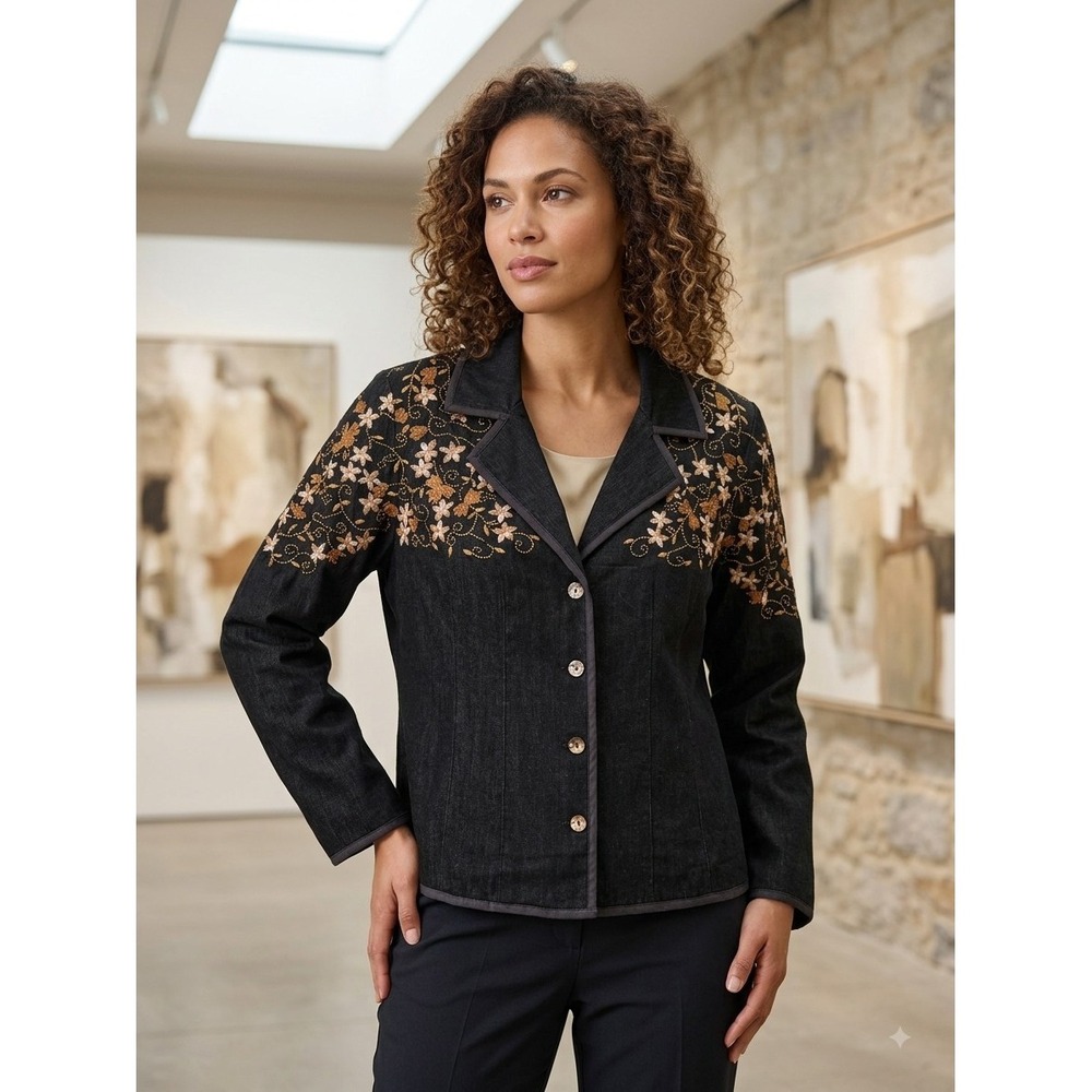 Vtg Nostalgia Corduroy Jacket Womens Black Floral Embroidered Boho Hippie NWT